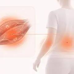 Illustration visar inre vibrationer i kroppen som kan orsakas av stress, med fokus på muskler och nerver i ryggen.