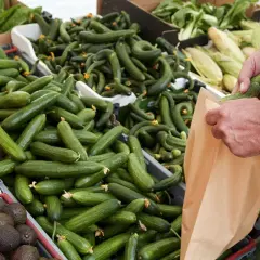 En person lägger gurka nyttigt i en papperspåse på en marknad. Gurkorna ligger i en stor låda, bredvid päron och avokado.