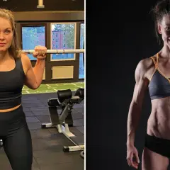 Två kvinnor visar upp sina imponerande muskler i kroppen. Den ena lyfter skivstång i ett gym, den andra poserar med synliga magmuskler.