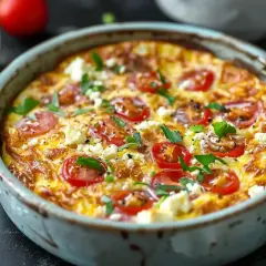 En gyllene omelett i airfryer, toppad med körsbärstomater, fetaost och färska örter. Enkel och god måltid.