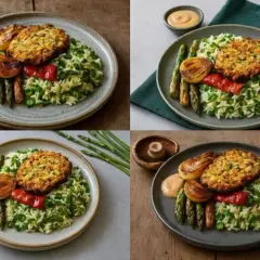 En tallrik med glutenfri mat: en krispig biff, ris med gröna ärtor, sparris, grillad lök och en klick sås.