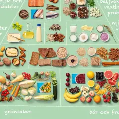 Matpyramid med grönsaker, frukt, fullkornsprodukter, potatis, nötter, fisk och mejeriprodukter. Majs nyttigt som en del av grönsakerna.