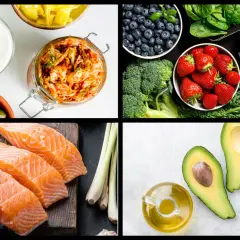 Mat för att bli av med inflammation i kroppen: lax, bär, grönsaker, fermenterad mat och hälsosamma fetter som avokado och olivolja.