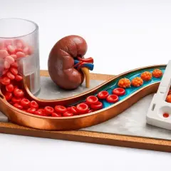 Modell av njure och blodkärl visar röda blodkroppar och orangea klumpar, en möjlig prediabetes symptom.