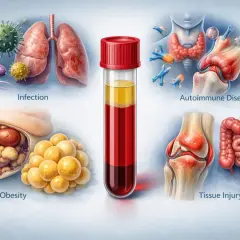 Bilden visar orsaker till kronisk inflammation i kroppen: infektioner, autoimmuna sjukdomar, fetma, vävnadsskada, samt ett provrör med blod.