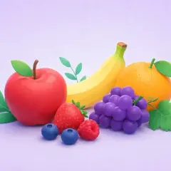 En illustration med en röd äpple, banan, apelsin, vindruvor, jordgubbe, hallon och blåbär. Frukterna ser ut att vara fulla av naturlig socker i frukt.