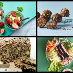 Frukostskålar med bär, chokladbollar, ett grovt bröd och en sallad. En perfekt antiinflammatorisk frukost för en hälsosam start.
