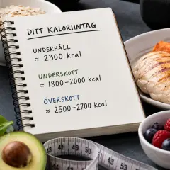 Anteckningsbok visar ditt kaloriintag: underhåll ca 2300 kcal, underskott 1800-2000 kcal, överskott 2500-2700 kcal. Bredvid finns mat och måttband.