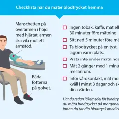Checklista för att mäta blodtrycket hemma. Sitt med ryggstöd, armen i hjärthöjd och fötterna på golvet för bra blodtryck.
