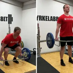 Man utför trapbar marklyft. Bilden visar övningen i start- och toppläget.