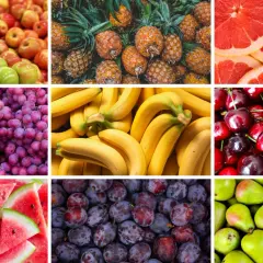 En collage av olika frukter, inklusive äpplen, ananas, grapefrukt, vindruvor, bananer, körsbär, vattenmelon och plommon. En fest för ögat och en källa till nyttigaste frukten.