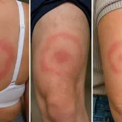 Tre bilder visar hudutslag med rodnad och ringformade mönster, typiska inflammation symtom.