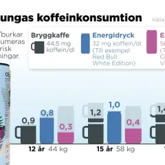 Grafen visar hur mycket koffein per dag som är riskfritt för unga. Bryggkaffe har 44,5 mg/dl, energidrycker 32-56 mg/dl.