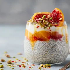 En läcker chiapudding med apelsin, blodapelsin och pistagenötter. Ett perfekt chiapudding recept för en hälsosam frukost eller mellanmål.