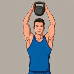 Man utför en kettlebell snatch med en kettlebell över huvudet.