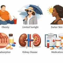 Illustrationer visar orsaker till d-vitaminbrist: fetma, lite solljus, mörk hud, malabsorption, njursjukdom och mediciner.