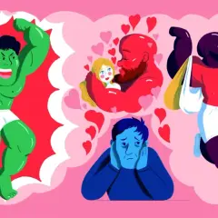 En grön, muskulös figur poserar. I en tankebubbla drömmer en röd man om en blond kvinna, medan en mörk man springer med väskor. En blå figur sitter nedstämd. Undrar om har kvinnor testosteron?