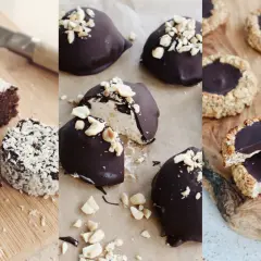 Tre sorters glutenfria godsaker: chokladbollar med kokos, chokladöverdragna bitar med nötter och havrekakor med chokladfyllning.