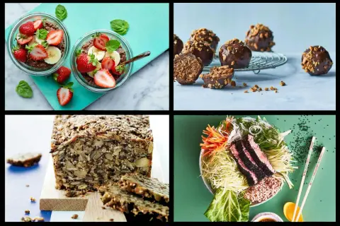 Frukostskålar med bär, chokladbollar, ett grovt bröd och en sallad. En perfekt antiinflammatorisk frukost för en hälsosam start.