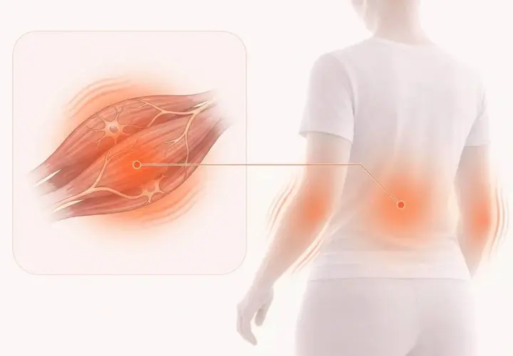 Illustration visar inre vibrationer i kroppen som kan orsakas av stress, med fokus på muskler och nerver i ryggen.