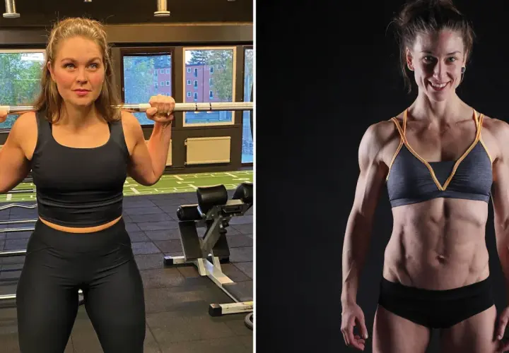 Två kvinnor visar upp sina imponerande muskler i kroppen. Den ena lyfter skivstång i ett gym, den andra poserar med synliga magmuskler.