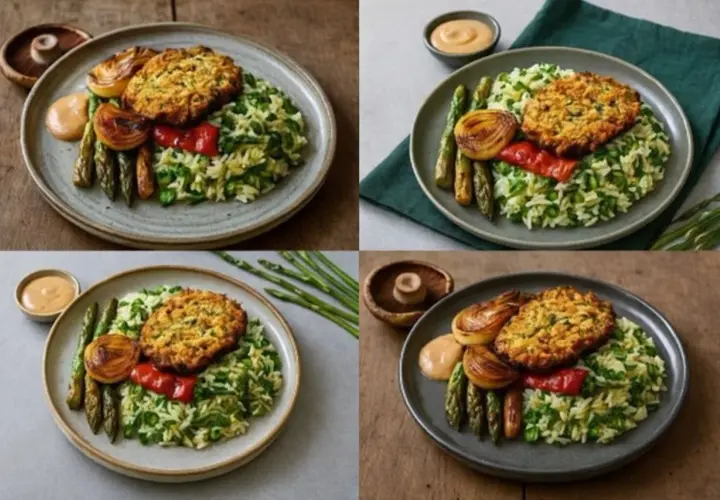En tallrik med glutenfri mat: en krispig biff, ris med gröna ärtor, sparris, grillad lök och en klick sås.