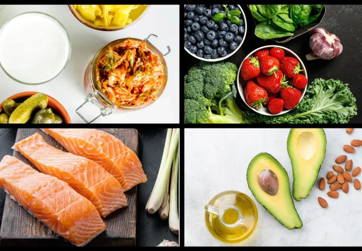 Mat för att bli av med inflammation i kroppen: lax, bär, grönsaker, fermenterad mat och hälsosamma fetter som avokado och olivolja.