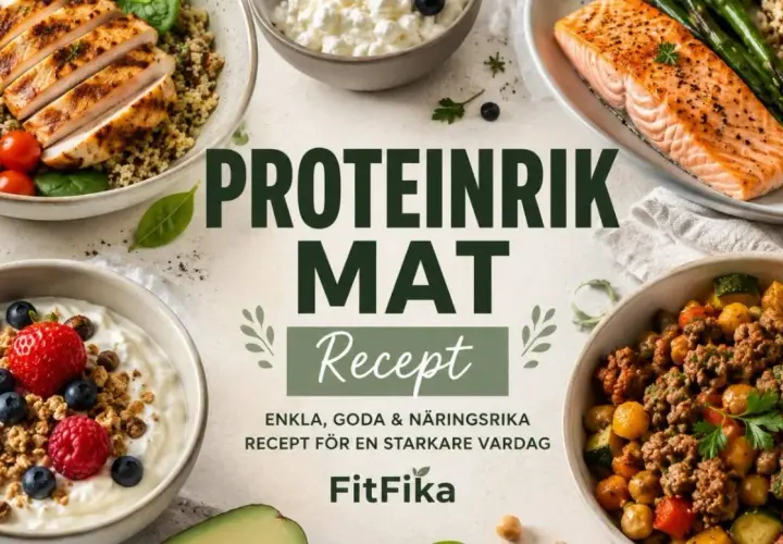 Proteinrik mat recept för en starkare vardag. Bilden visar kyckling, lax, kvarg och en köttfärsröra.