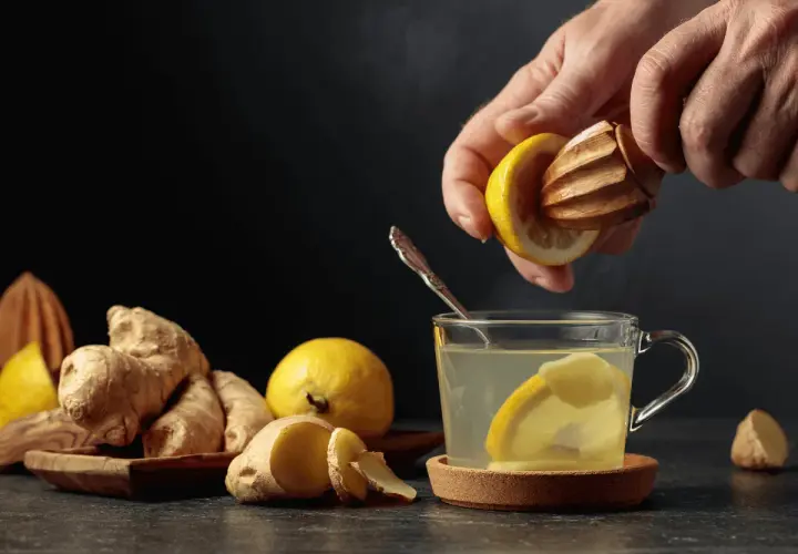 En hand pressar citron i en kopp med varmt citronvatten på morgonen. Ingefära och citroner ligger bredvid.