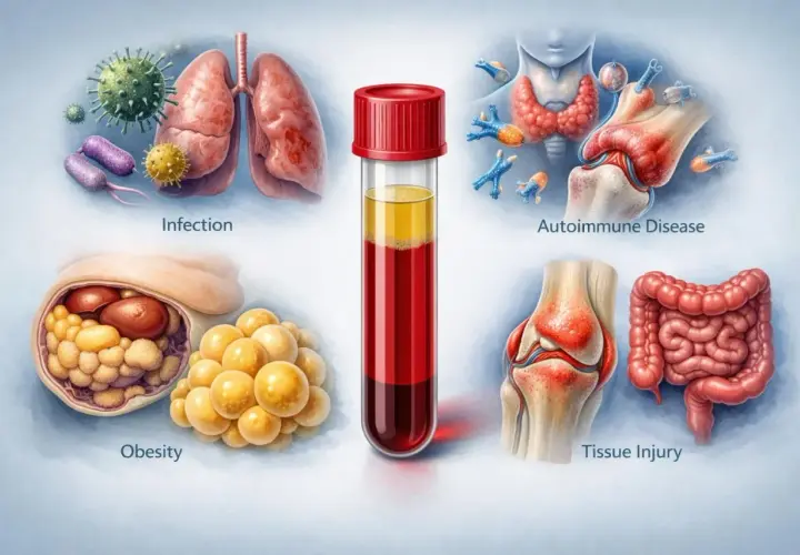Bilden visar orsaker till kronisk inflammation i kroppen: infektioner, autoimmuna sjukdomar, fetma, vävnadsskada, samt ett provrör med blod.