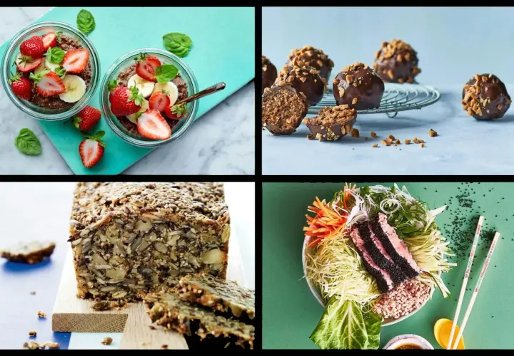 Frukostskålar med bär, chokladbollar, ett grovt bröd och en sallad. En perfekt antiinflammatorisk frukost för en hälsosam start.