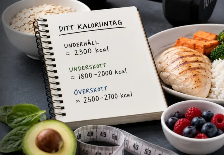 Anteckningsbok visar ditt kaloriintag: underhåll ca 2300 kcal, underskott 1800-2000 kcal, överskott 2500-2700 kcal. Bredvid finns mat och måttband.