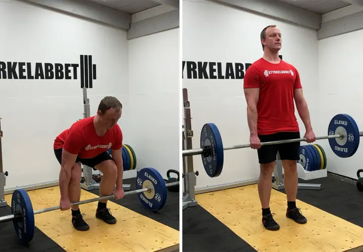 Man utför stela marklyft. Bilden visar övningen i två faser: i startposition med böjda knän och i topposition med raka ben.