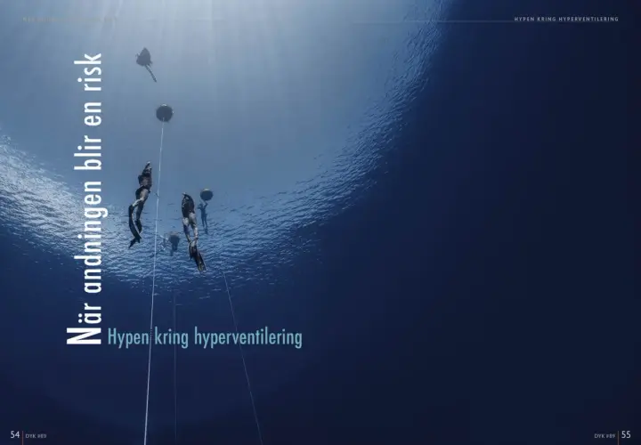 Fridykare nära ytan, där andningen blir en risk. Texten "Hypen kring hyperventilering" syns.