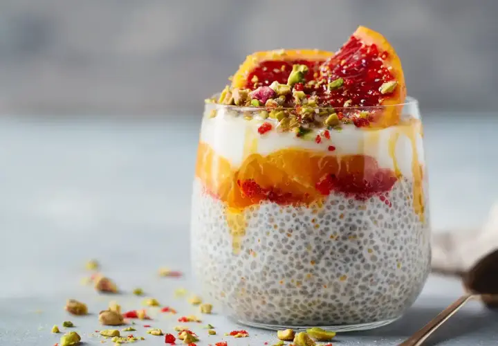 En läcker chiapudding med apelsin, blodapelsin och pistagenötter. Ett perfekt chiapudding recept för en hälsosam frukost eller mellanmål.