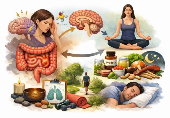 Stress, ibs mage, och sömn påverkar varandra. Yoga, probiotika och träning kan hjälpa.