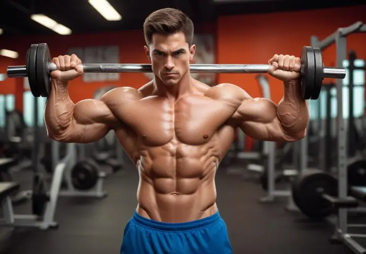 Muskulös man med imponerande snygga armar på 4 veckor lyfter skivstång i gym.