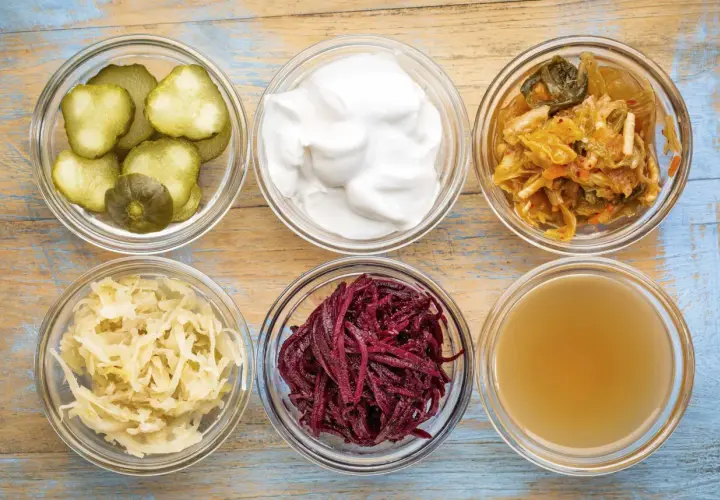Sex skålar med fermenterad mat: gurka, yoghurt, kimchi, surkål, rödbetor och kombucha.
