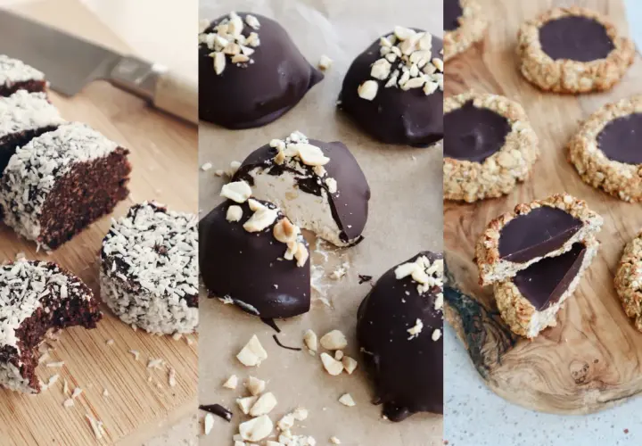 Tre sorters glutenfria godsaker: chokladbollar med kokos, chokladöverdragna bitar med nötter och havrekakor med chokladfyllning.