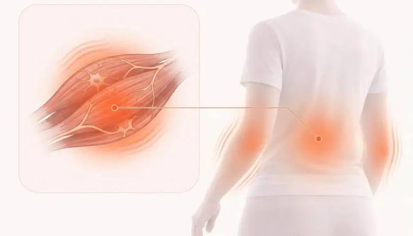 Illustration visar inre vibrationer i kroppen som kan orsakas av stress, med fokus på muskler och nerver i ryggen.