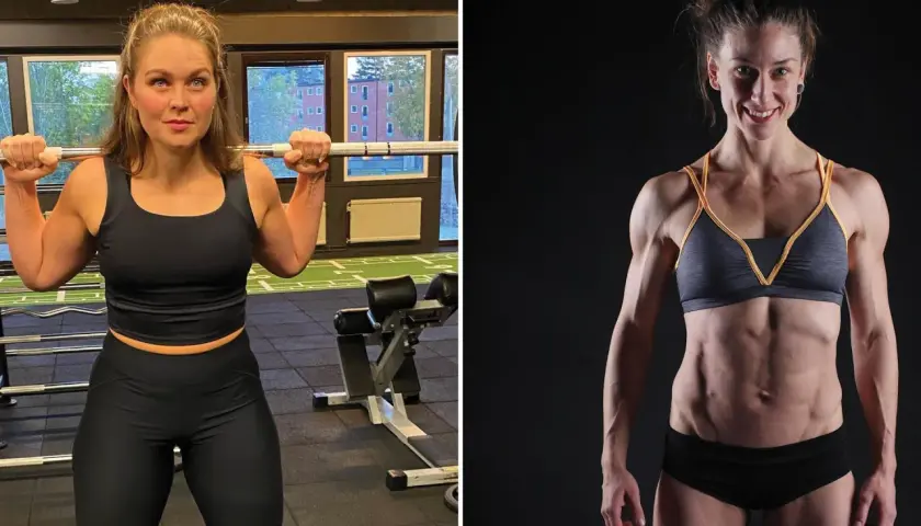 Två kvinnor visar upp sina imponerande muskler i kroppen. Den ena lyfter skivstång i ett gym, den andra poserar med synliga magmuskler.