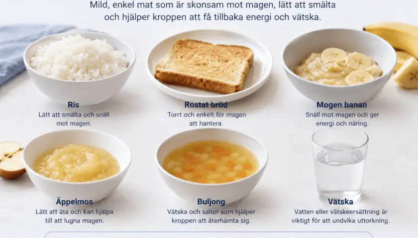 Bilden visar skonsam mat efter magsjuka: ris, rostat bröd, banan, äppelmos, buljong och vätska. Perfekt mat för att återhämta sig.