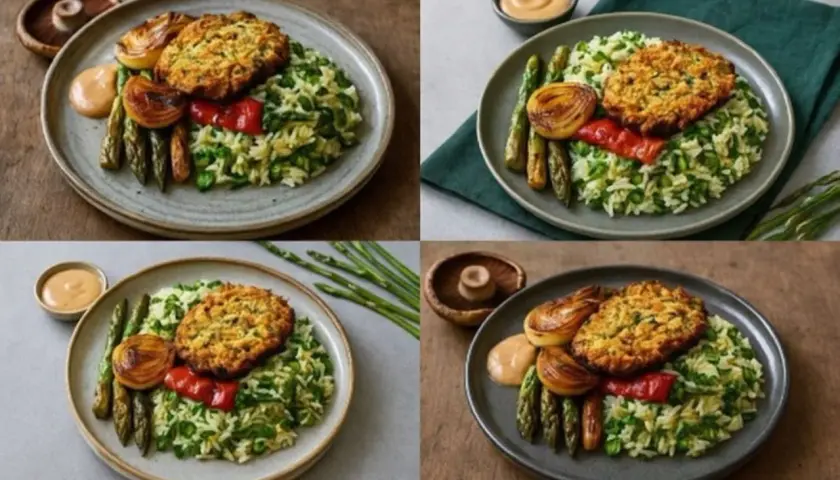 En tallrik med glutenfri mat: en krispig biff, ris med gröna ärtor, sparris, grillad lök och en klick sås.