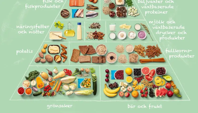 Matpyramid med grönsaker, frukt, fullkornsprodukter, potatis, nötter, fisk och mejeriprodukter. Majs nyttigt som en del av grönsakerna.