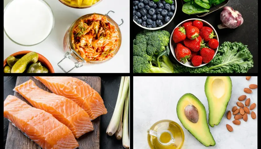 Mat för att bli av med inflammation i kroppen: lax, bär, grönsaker, fermenterad mat och hälsosamma fetter som avokado och olivolja.