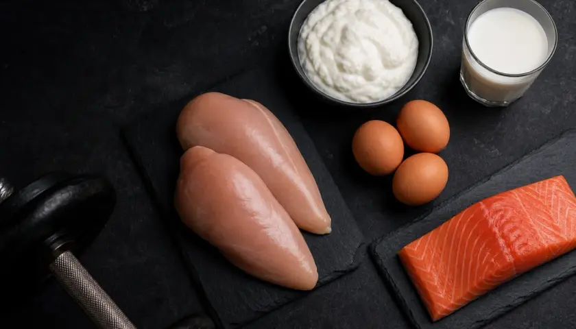 Hantel, kycklingfiléer, laxfilé, ägg, yoghurt och mjölk – en måltid för att maximera protein per kg.