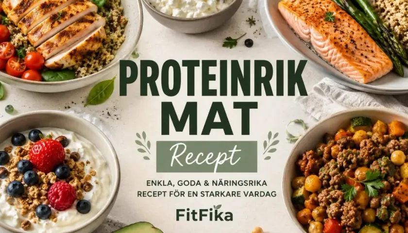 Proteinrik mat recept för en starkare vardag. Bilden visar kyckling, lax, kvarg och en köttfärsröra.