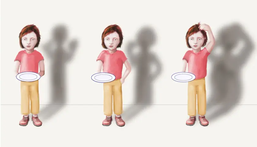 Tre barn med tomma tallrikar. Ett barn funderar, ett annat kliar sig i huvudet. Illustration om bmi barn.