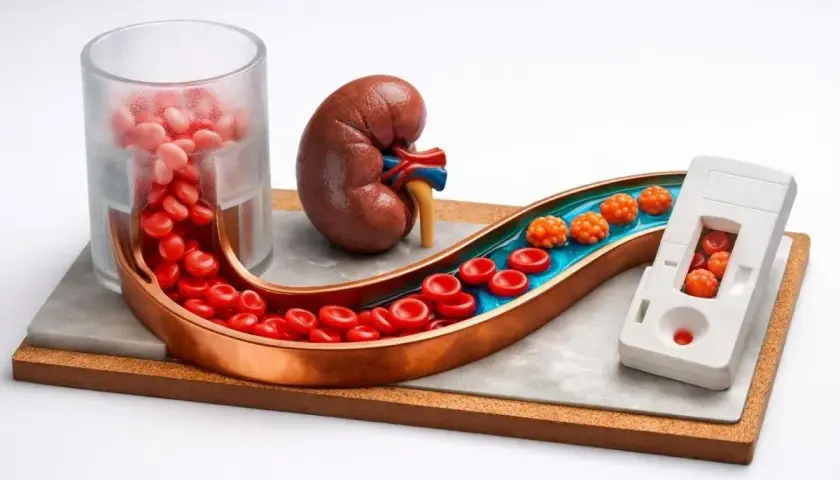 Modell av njure och blodkärl visar röda blodkroppar och orangea klumpar, en möjlig prediabetes symptom.