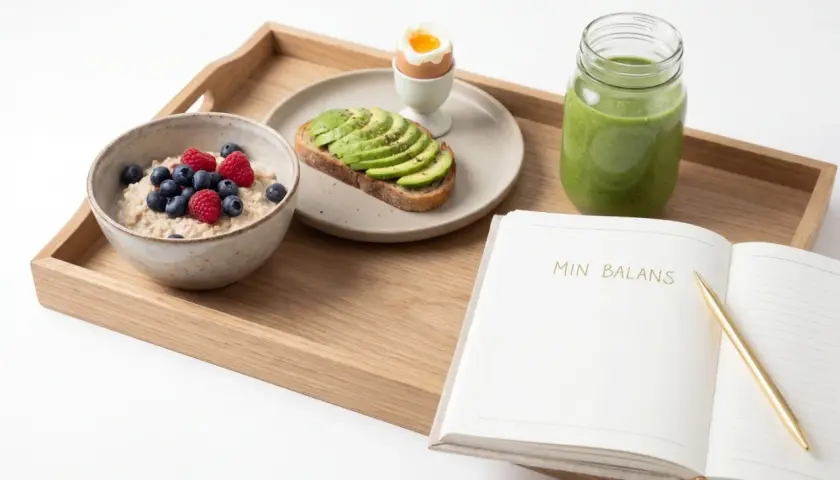 Frukost med gröt, avokadotoast, kokt ägg och smoothie. En inspirerande start för recept mat klimakteriet.